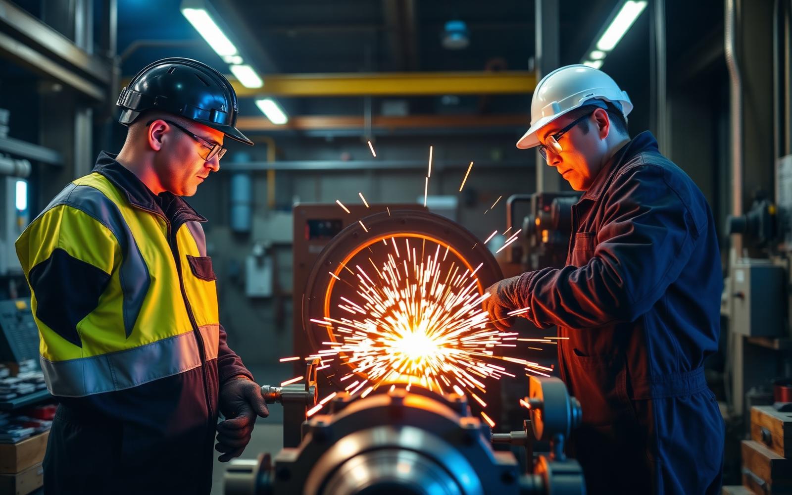 Engineers machining a valve on a lathe