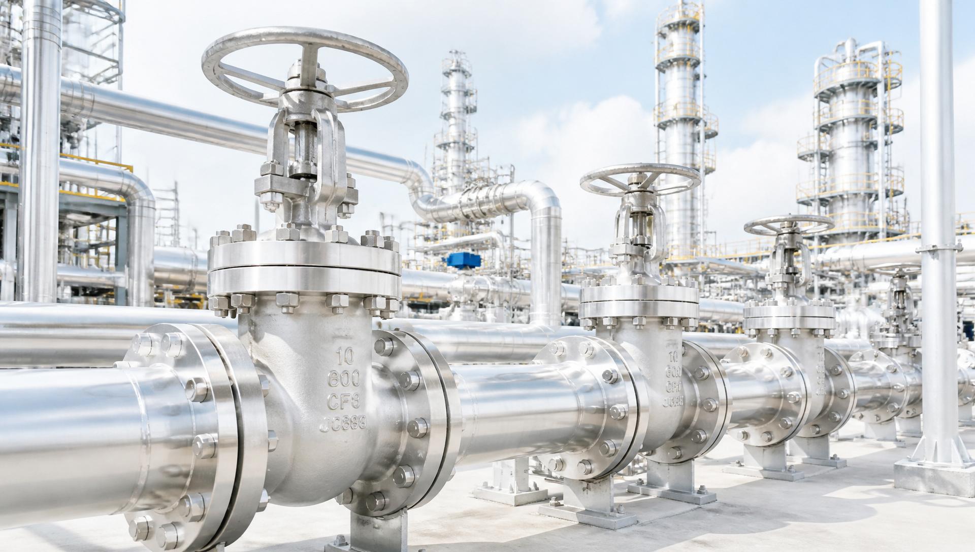Stainless steel industrial gate valves at a refinery
